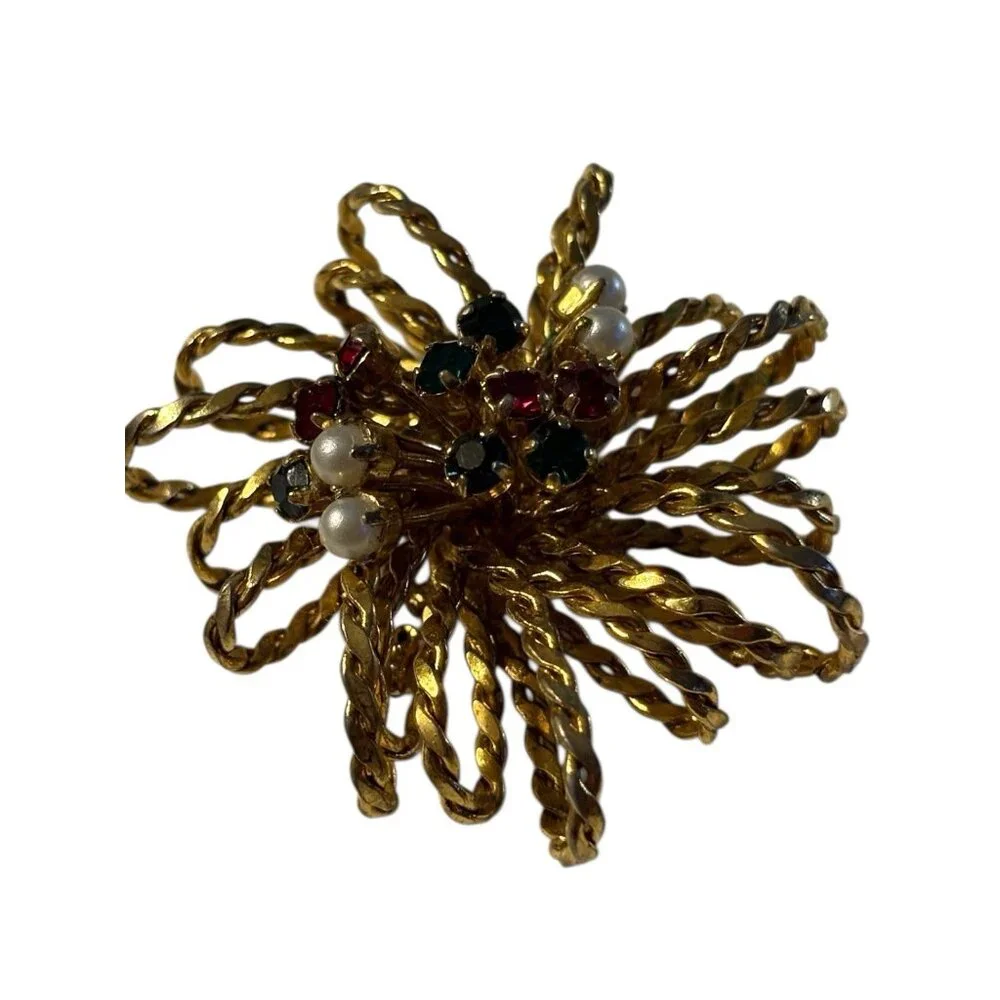 Austria 3D Rope Brooch Pin Starburst Fireworks‎ Atomic Rhinestone Faux Pearl VTG